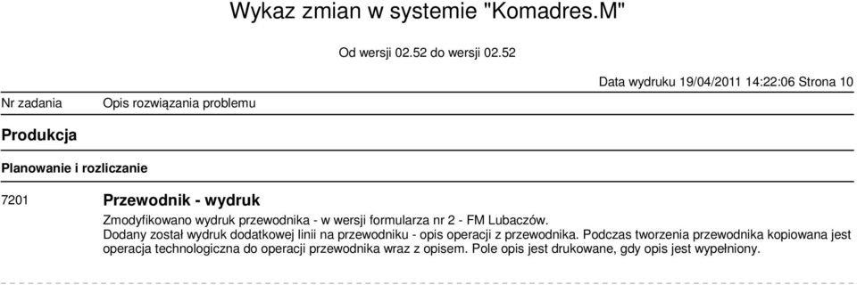Dodany został wydruk dodatkowej linii na przewodniku - opis operacji z przewodnika.