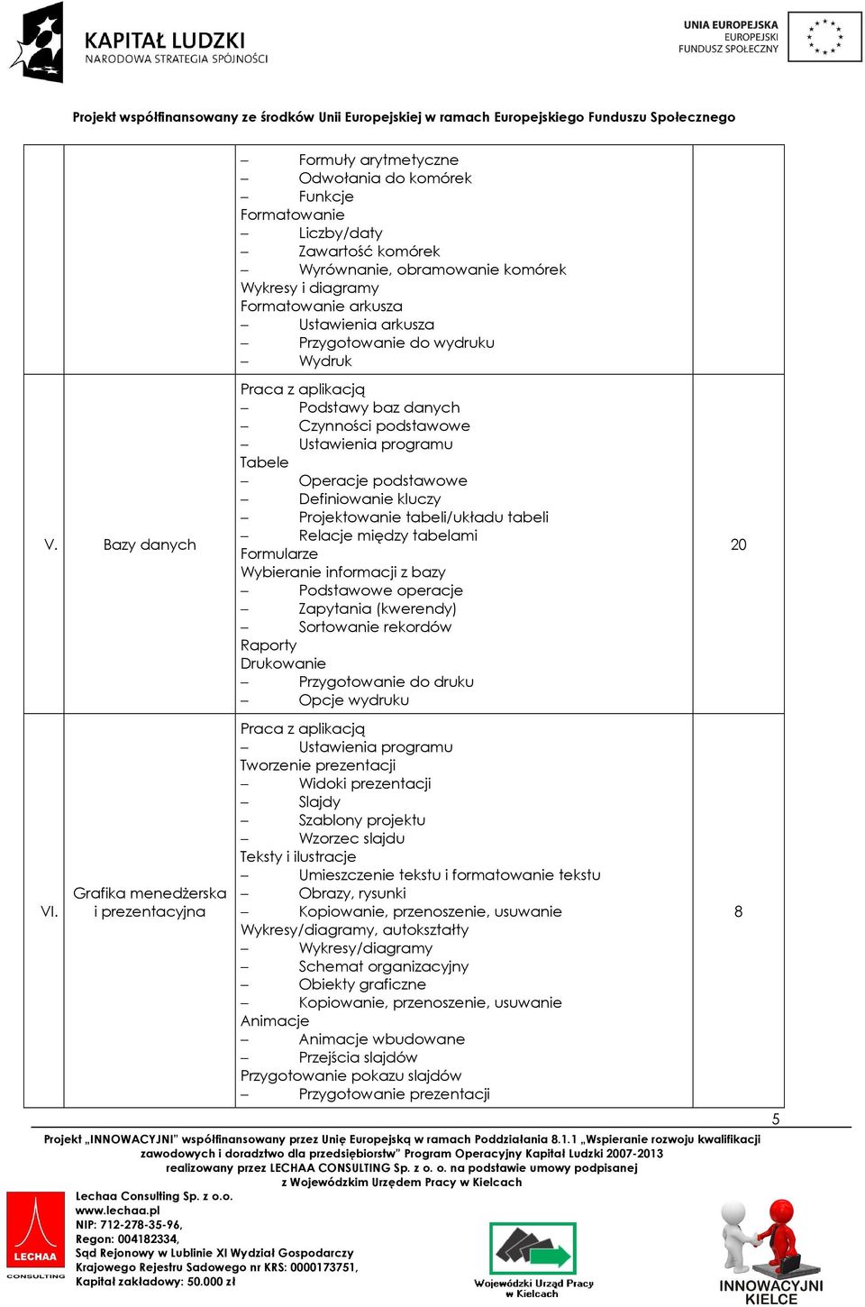 arkusza Ustawienia arkusza Przygotowanie do wydruku Wydruk Praca z aplikacją Podstawy baz danych Czynności podstawowe Ustawienia programu Tabele Operacje podstawowe Definiowanie kluczy Projektowanie