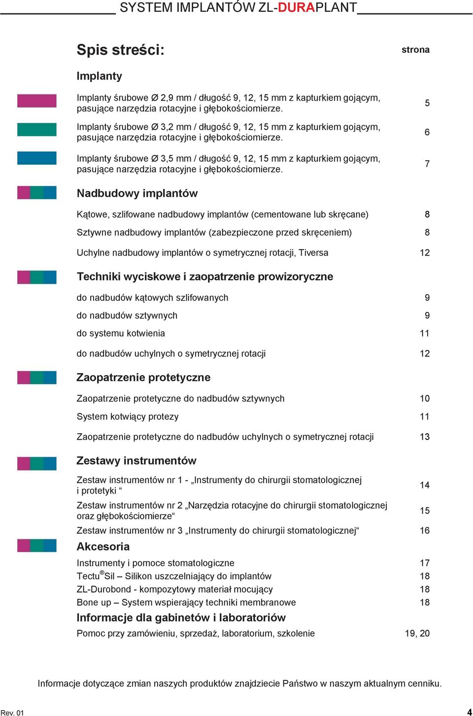 Implanty śrubowe Ø 3,5 mm / długość 9, 12, 15 mm z kapturkiem gojącym, pasujące narzędzia rotacyjne i głębokościomierze.