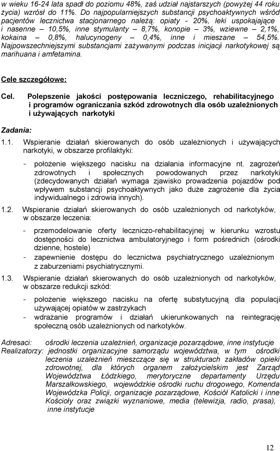 kokaina 0,8%, halucynogeny 0,4%, inne i mieszane 54,5%. Najpowszechniejszymi substancjami zażywanymi podczas inicjacji narkotykowej są marihuana i amfetamina. Cele szczegółowe: Cel.