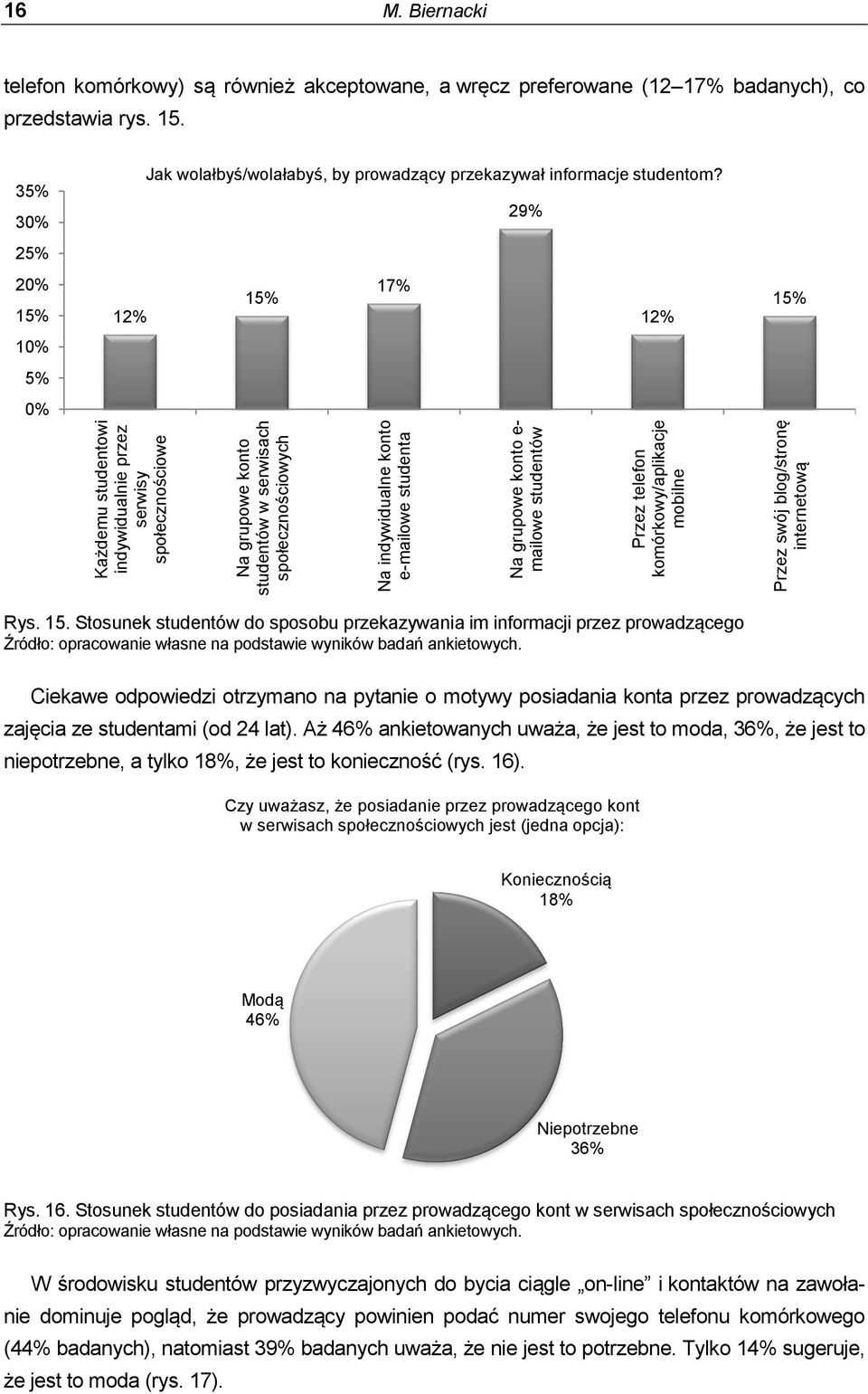 15% Na grupowe konto studentów w serwisach społecznościowych 17% Na indywidualne konto e-mailowe studenta 29% Na grupowe konto e- mailowe studentów 12% Przez telefon komórkowy/aplikacje mobilne 15%