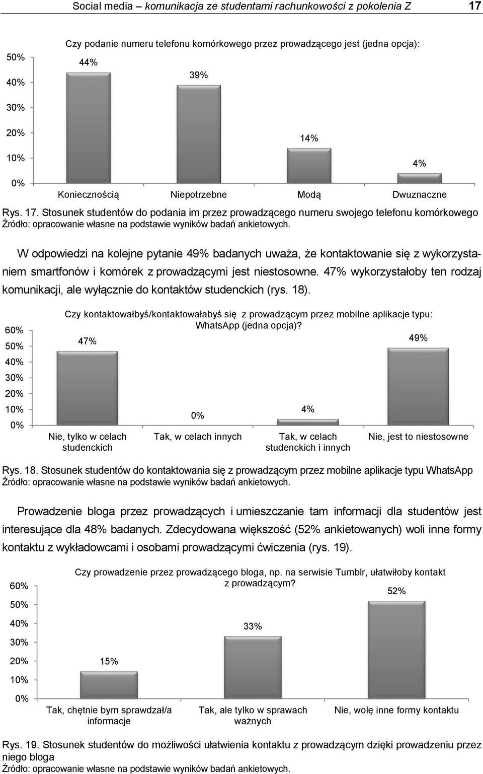 Stosunek studentów do podania im przez prowadzącego numeru swojego telefonu komórkowego W odpowiedzi na kolejne pytanie 49% badanych uważa, że kontaktowanie się z wykorzystaniem smartfonów i komórek