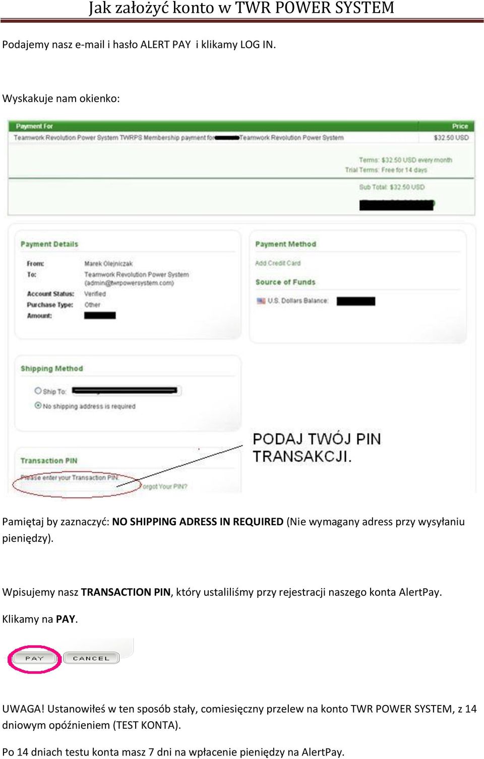 pieniędzy). Wpisujemy nasz TRANSACTION PIN, który ustaliliśmy przy rejestracji naszego konta AlertPay. Klikamy na PAY.