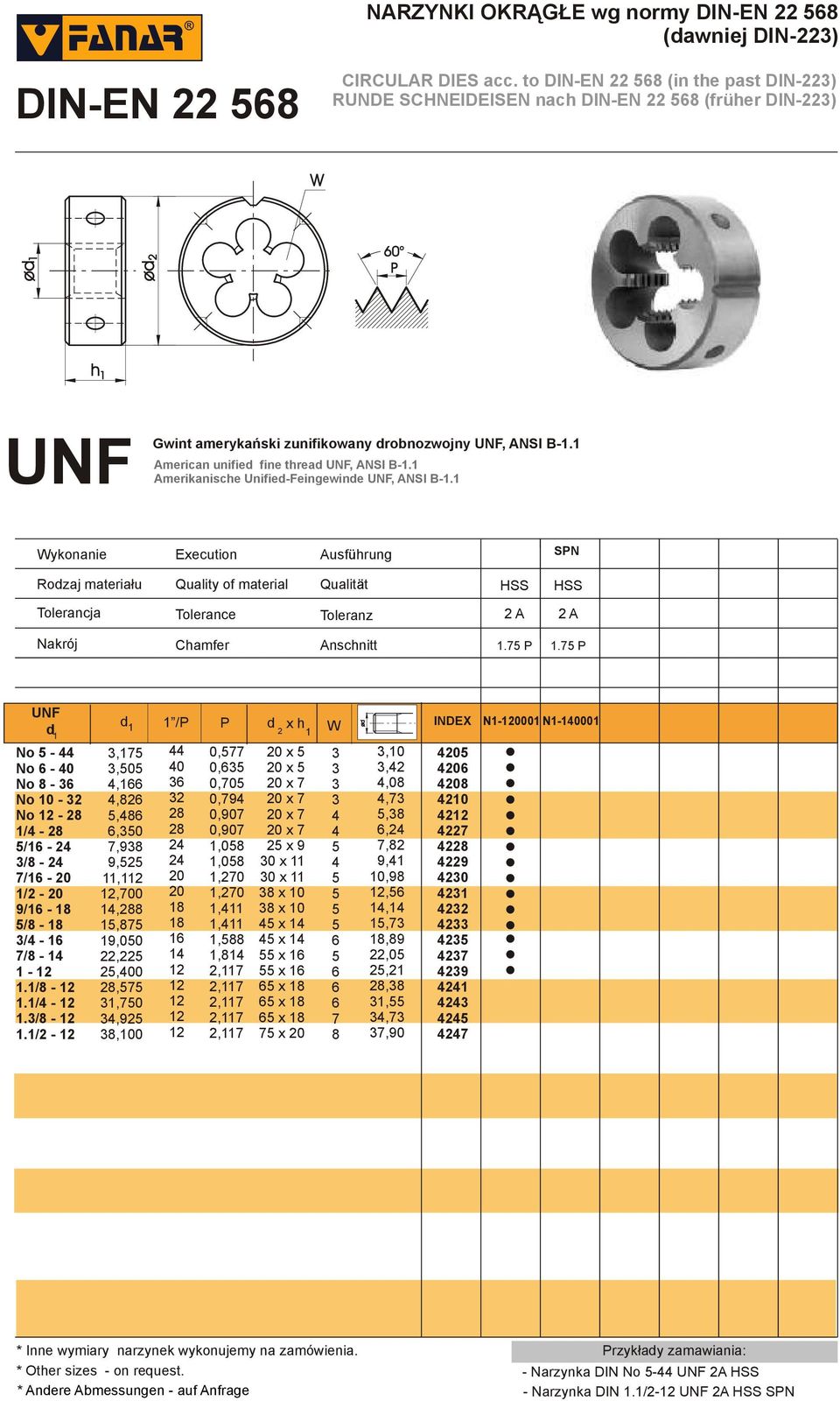 American unified fine thread UNF, ANSI B-. Amerikanische Unified-Feingewinde UNF, ANSI B-. SPN A A Nakrój Chamfer Anschnitt. P.