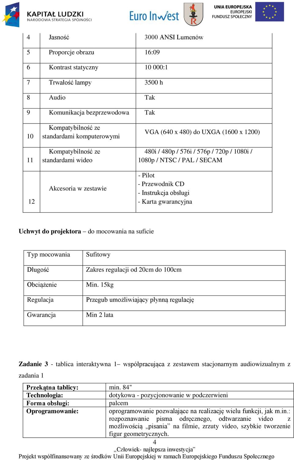 CD - Instrukcja obsługi - Karta gwarancyjna Uchwyt do projektora do mocowania na suficie Typ mocowania Długość Obciążenie Regulacja Gwarancja Sufitowy Zakres regulacji od 20cm do 100cm Min.