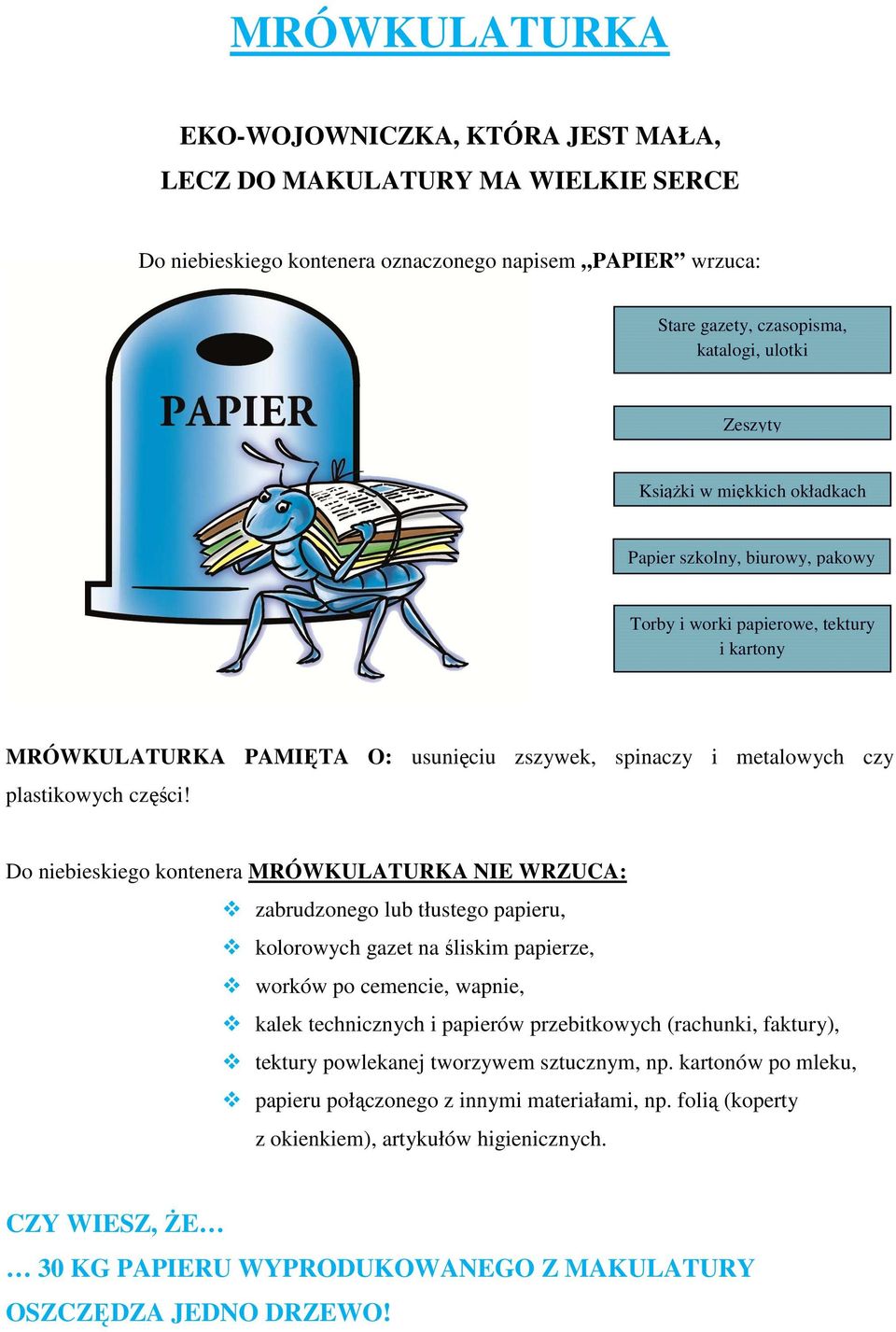 Do niebieskiego kontenera MRÓWKULATURKA NIE WRZUCA: zabrudzonego lub tłustego papieru, kolorowych gazet na śliskim papierze, worków po cemencie, wapnie, kalek technicznych i papierów przebitkowych