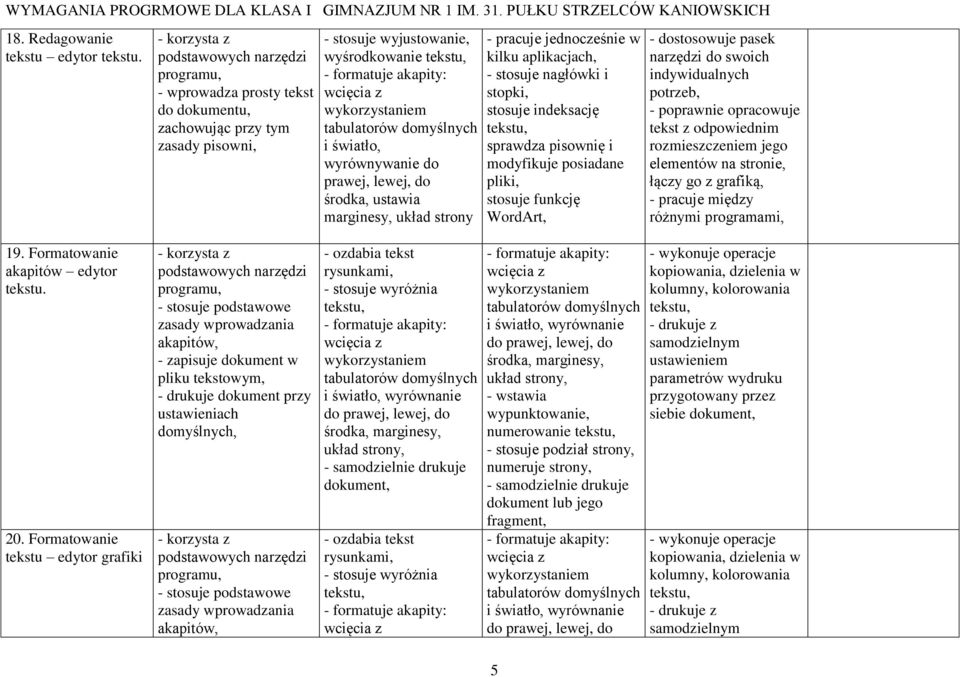 światło, wyrównywanie do prawej, lewej, do środka, ustawia marginesy, układ strony - pracuje jednocześnie w kilku aplikacjach, - stosuje nagłówki i stopki, stosuje indeksację tekstu, sprawdza