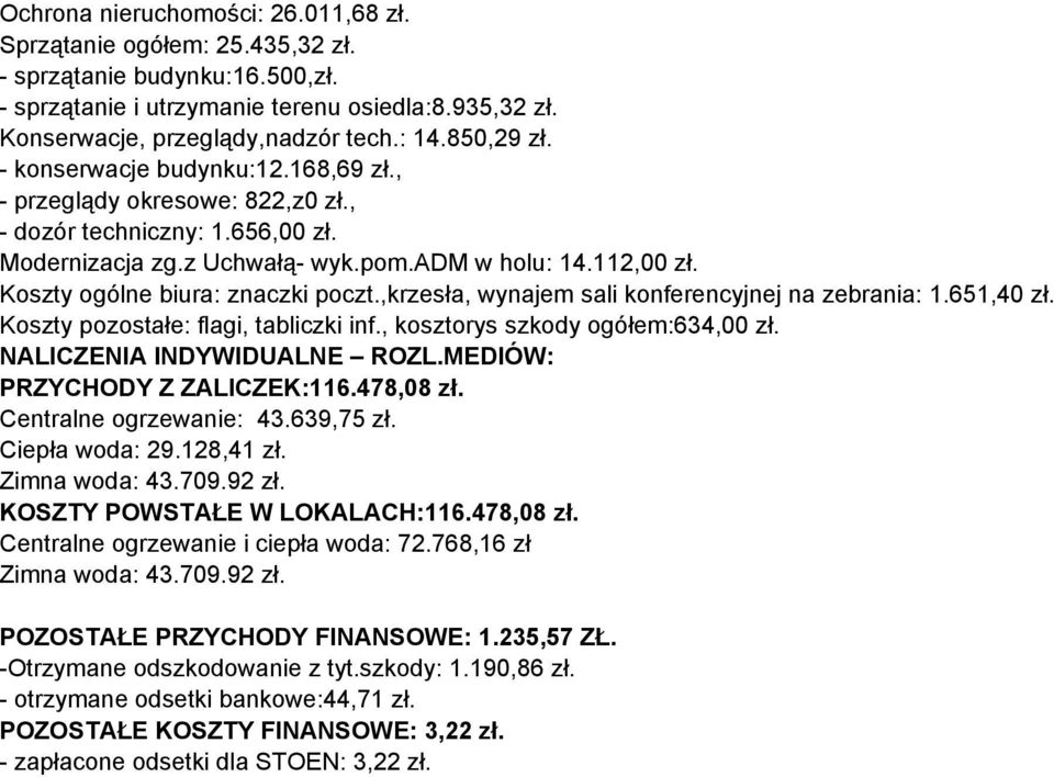 Koszty ogólne biura: znaczki poczt.,krzesła, wynajem sali konferencyjnej na zebrania: 1.651,40 zł. Koszty pozostałe: flagi, tabliczki inf., kosztorys szkody ogółem:634,00 zł.