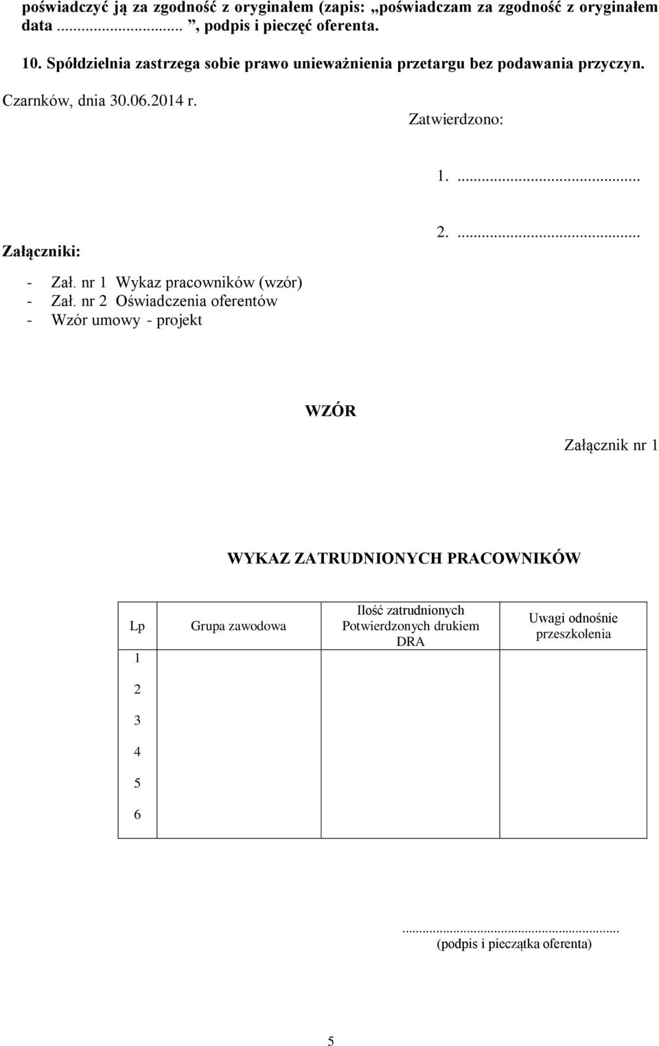 ... Załączniki: 2.... - Zał. nr 1 Wykaz pracowników (wzór) - Zał.