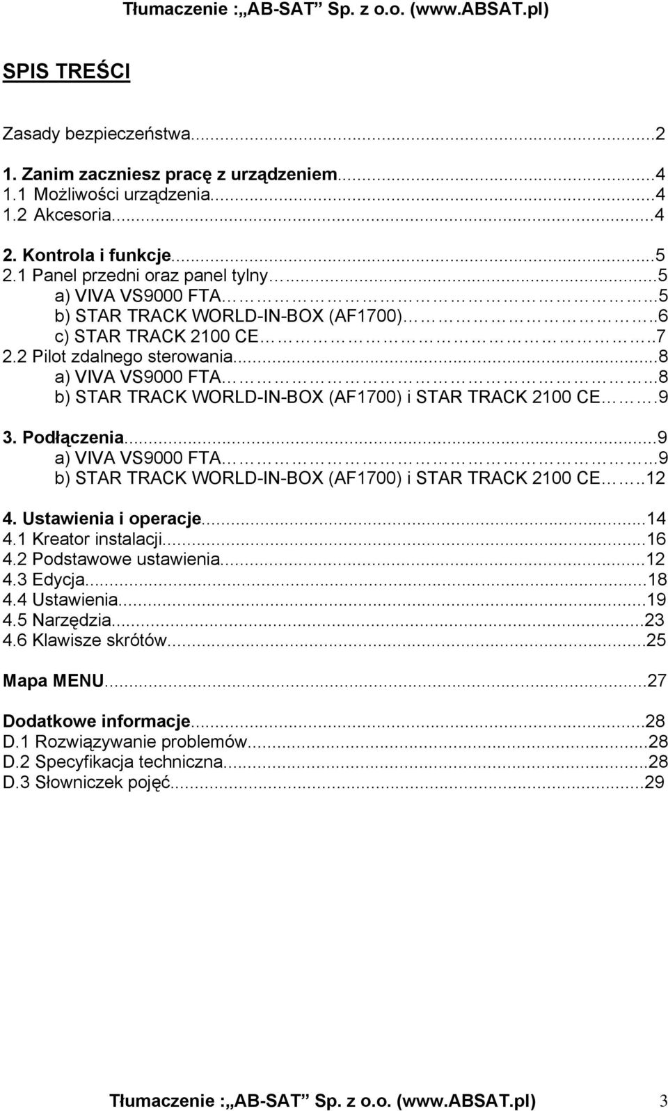 ..8 b) STAR TRACK WORLD-IN-BOX (AF1700) i STAR TRACK 2100 CE.9 3. Podłączenia...9 a) VIVA VS9000 FTA...9 b) STAR TRACK WORLD-IN-BOX (AF1700) i STAR TRACK 2100 CE..12 4. Ustawienia i operacje...14 4.