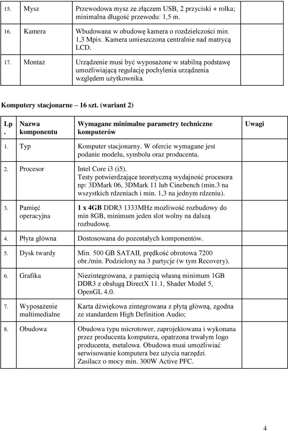 Komputery stacjonarne 16 szt. (wariant 2) Lp. Nazwa komponentu Wymagane minimalne parametry techniczne komputerów Uwagi 1. Typ Komputer stacjonarny.