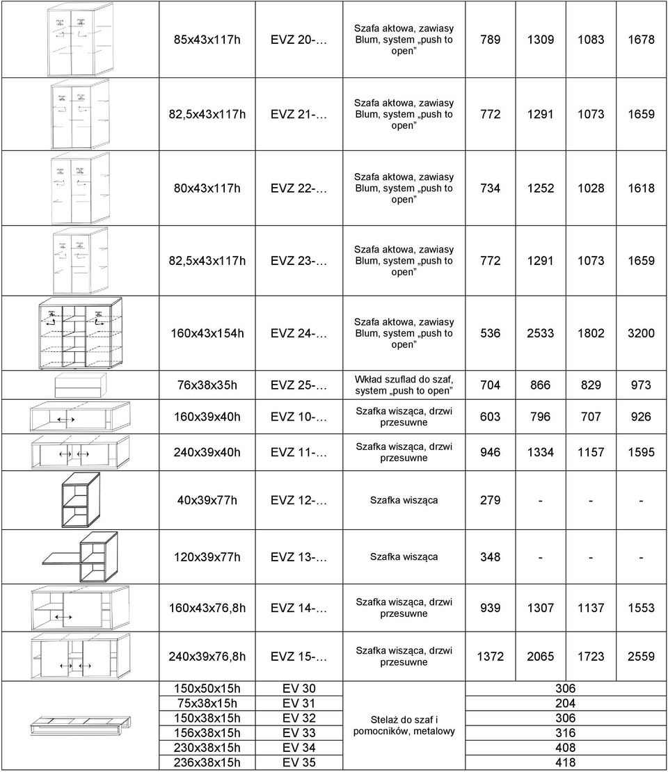 40x39x77h EVZ 12- Szafka wisząca 279 - - - 120x39x77h EVZ 13- Szafka wisząca 348 - - - 160x43x76,8h EVZ 14- przesuwne 939 1307 1137 1553 240x39x76,8h EVZ 15- przesuwne 1372