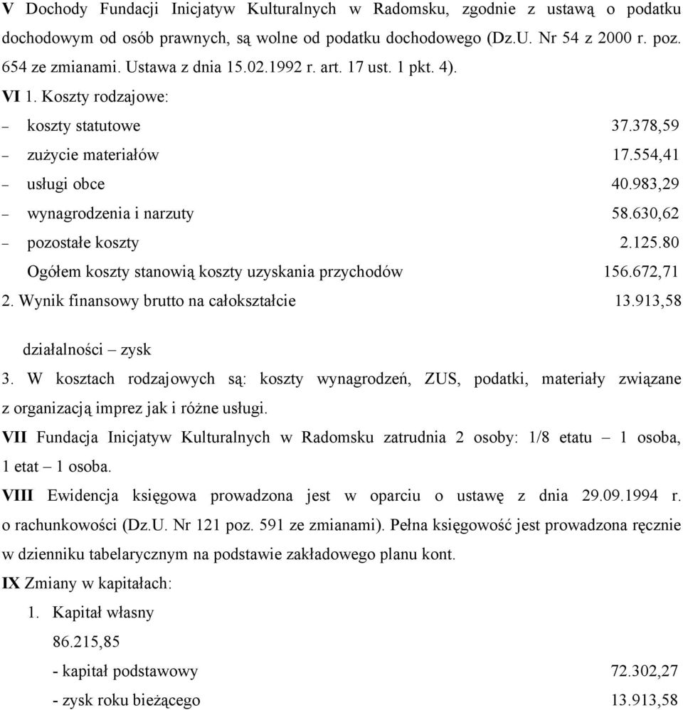 630,62 pozostałe koszty 2.125.80 Ogółem koszty stanowią koszty uzyskania przychodów 156.672,71 2. Wynik finansowy brutto na całokształcie 13.913,58 działalności zysk 3.