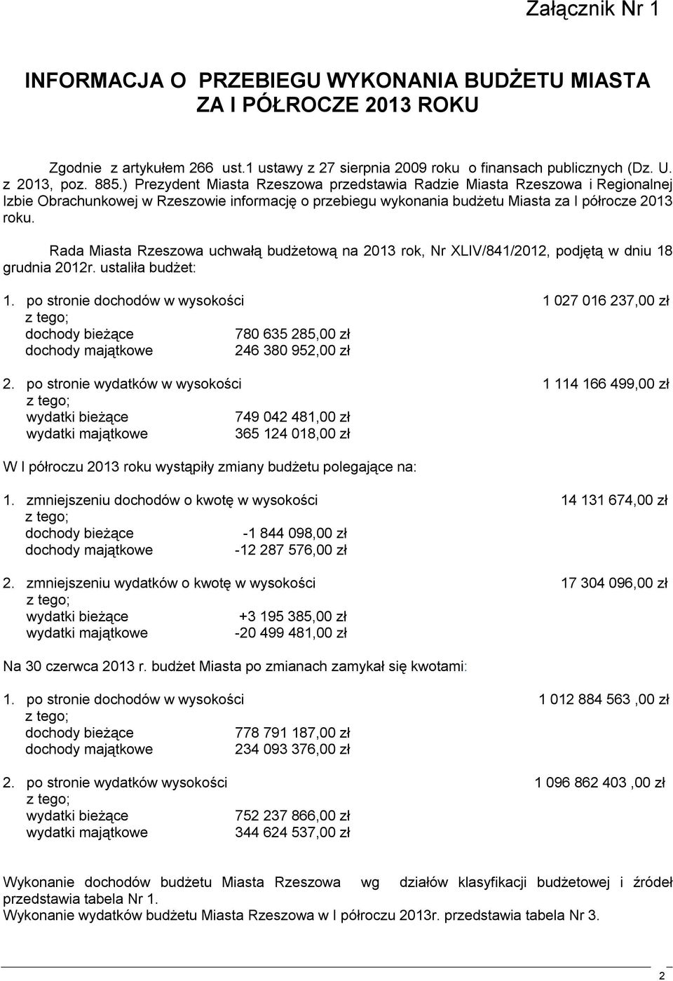 Rada Miasta Rzeszowa uchwałą budżetową na 2013 rok, Nr XLIV/841/2012, podjętą w dniu 18 grudnia 2012r. ustaliła budżet: 1.