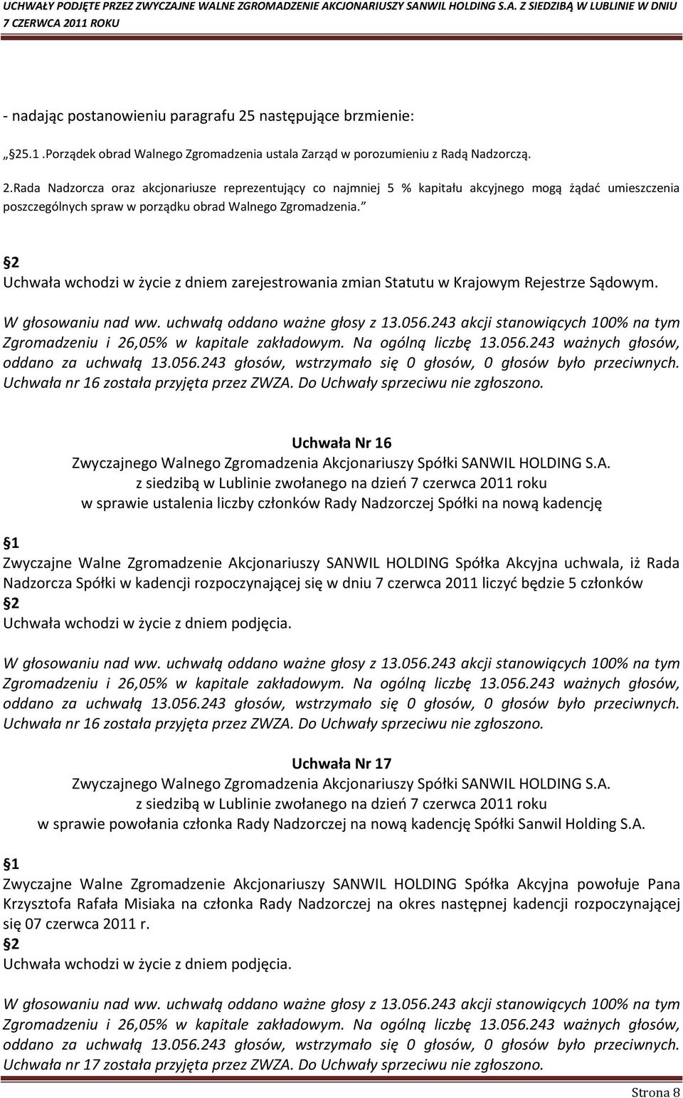 Rada Nadzorcza oraz akcjonariusze reprezentujący co najmniej 5 % kapitału akcyjnego mogą żądad umieszczenia poszczególnych spraw w porządku obrad Walnego Zgromadzenia.