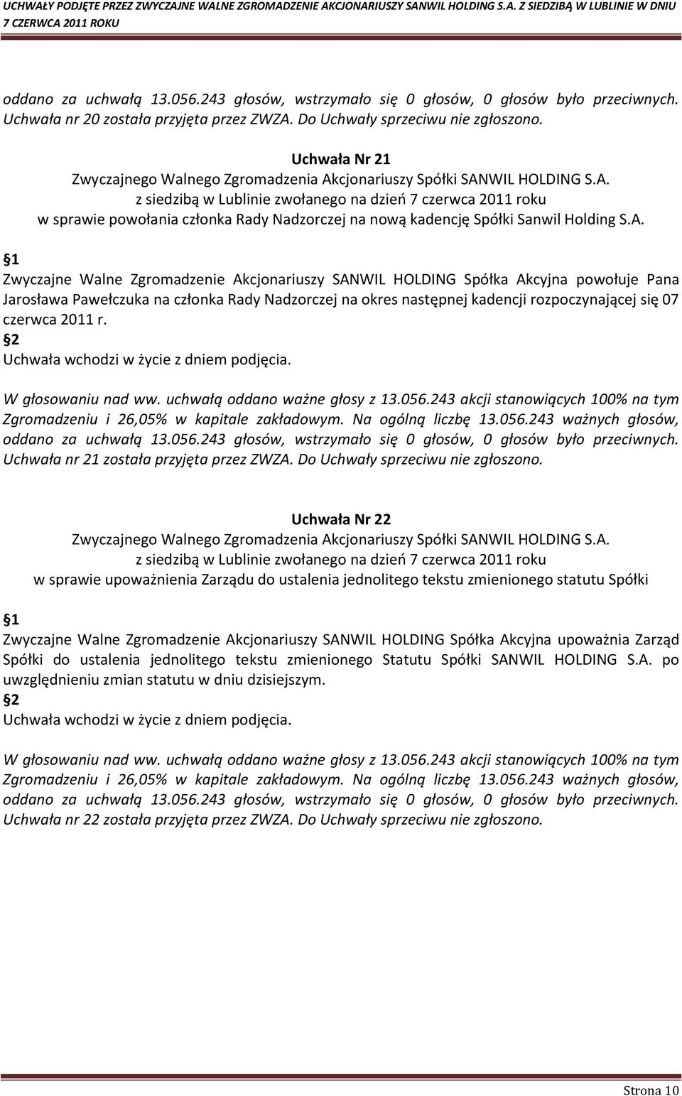 Zwyczajne Walne Zgromadzenie Akcjonariuszy SANWIL HOLDING Spółka Akcyjna powołuje Pana Jarosława Pawełczuka na członka Rady Nadzorczej na okres następnej kadencji rozpoczynającej się 07 czerwca 2011