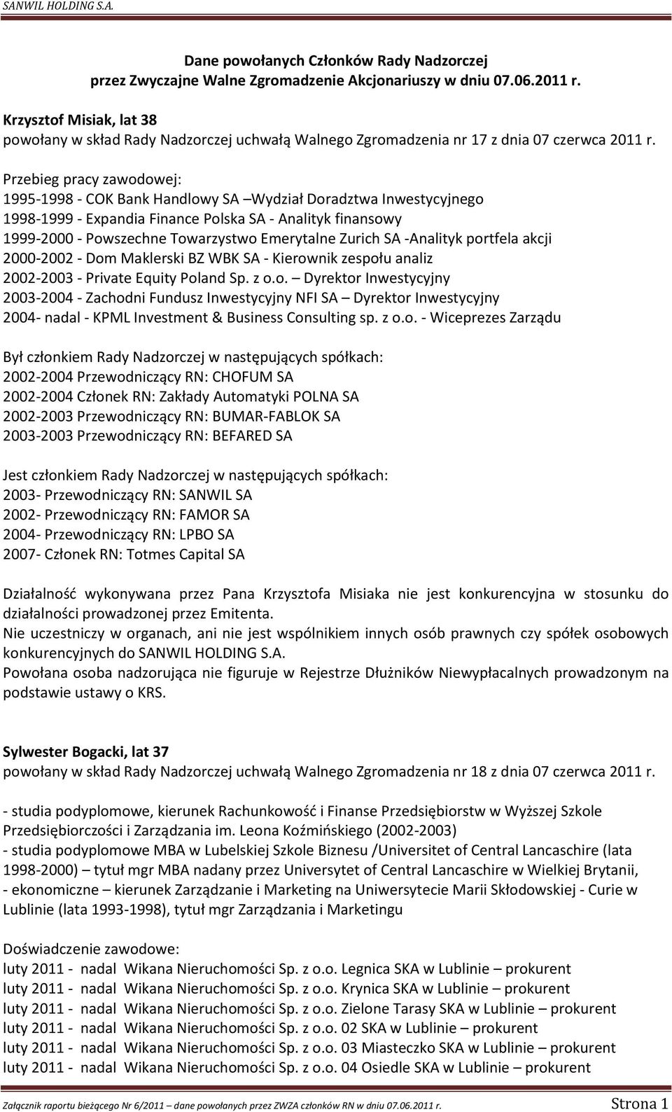 Przebieg pracy zawodowej: 1995-1998 - COK Bank Handlowy SA Wydział Doradztwa Inwestycyjnego 1998-1999 - Expandia Finance Polska SA - Analityk finansowy 1999-2000 - Powszechne Towarzystwo Emerytalne