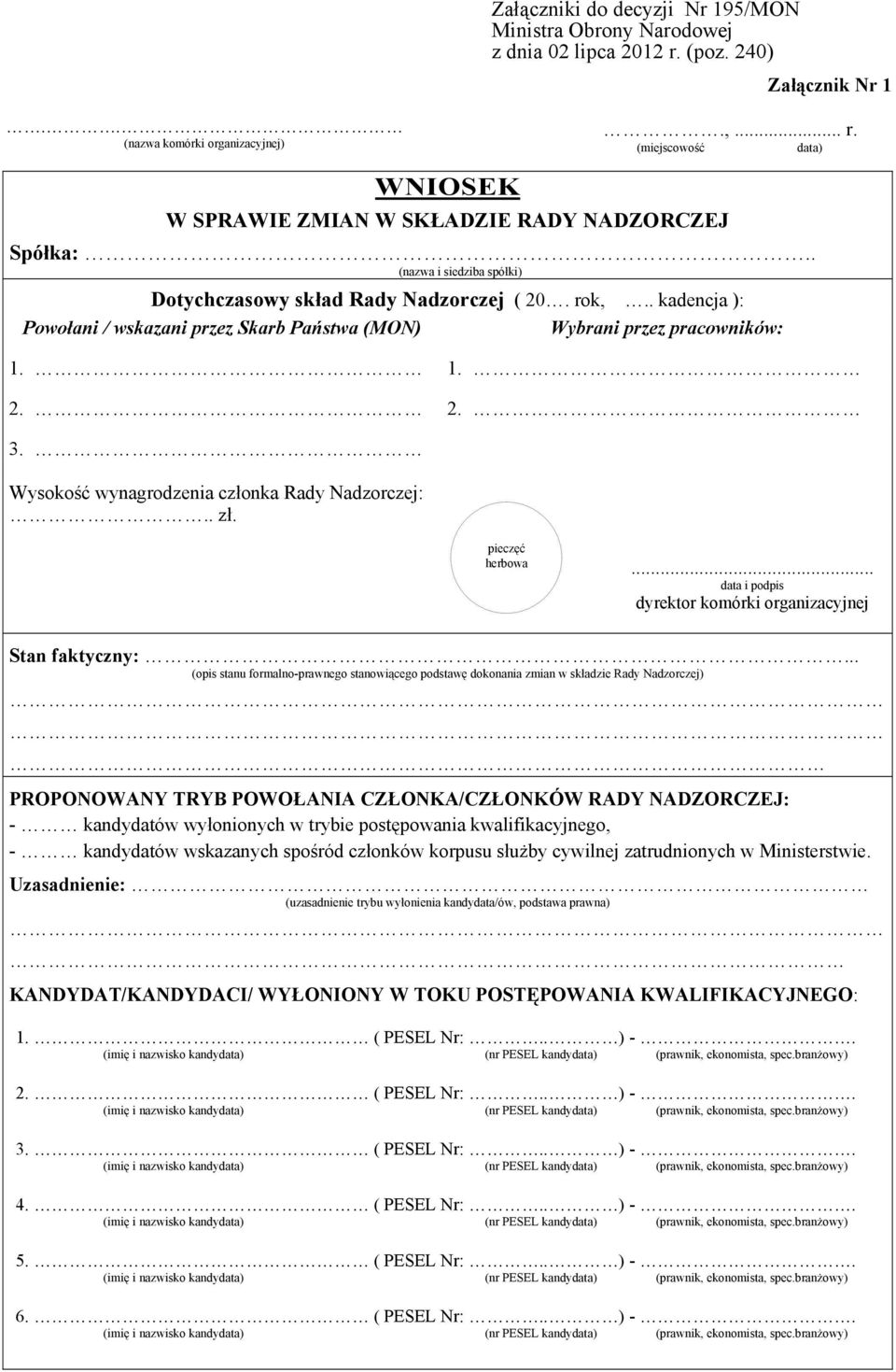 Wysokość wynagrodzenia członka Rady Nadzorczej:.. zł. pieczęć herbowa... data i podpis dyrektor komórki organizacyjnej Stan faktyczny:.