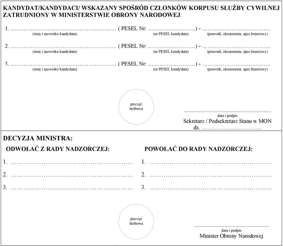 (imię i nazwisko kandydata) (nr PESEL kandydata) (prawnik, ekonomista, spec.branżowy) 3. ( PESEL Nr:.. ) -.
