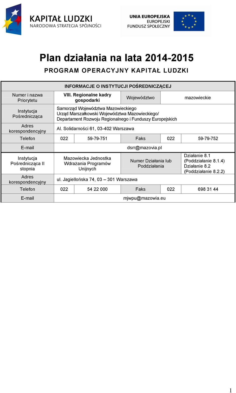 Solidarności 61, 03-402 Warszawa mazowieckie Telefon 022 59-79-751 Faks 022 59-79-752 E-mail Instytucja Pośrednicząca II stopnia Adres korespondencyjny Mazowiecka Jednostka Wdrażania Programów