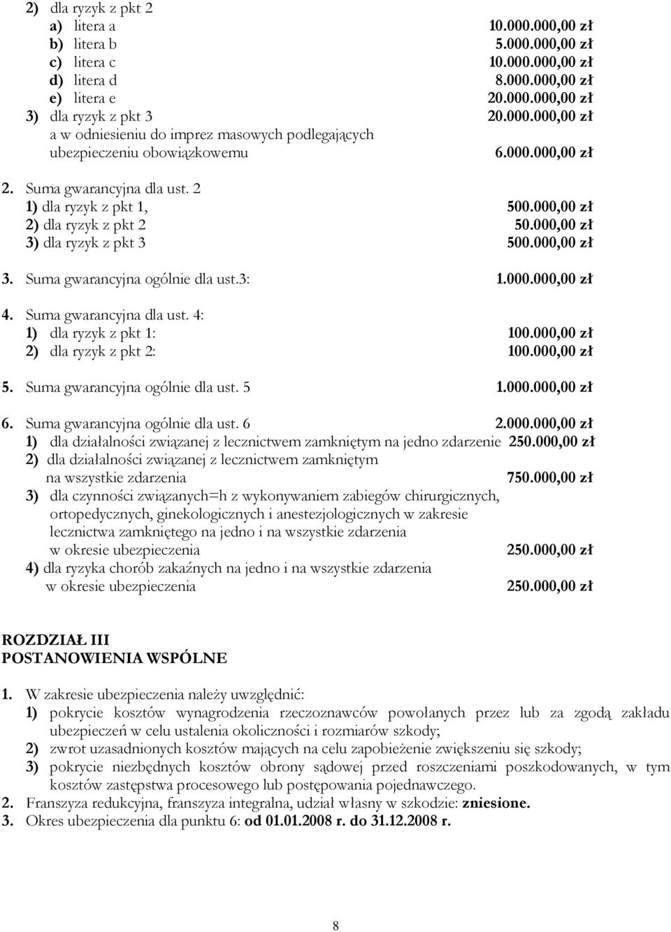 Suma gwarancyjna dla ust. 4: 1) dla ryzyk z pkt 1: 100.000,00 zł 2) dla ryzyk z pkt 2: 100.000,00 zł 5. Suma gwarancyjna ogólnie dla ust. 5 1.000.000,00 zł 6. Suma gwarancyjna ogólnie dla ust. 6 2.