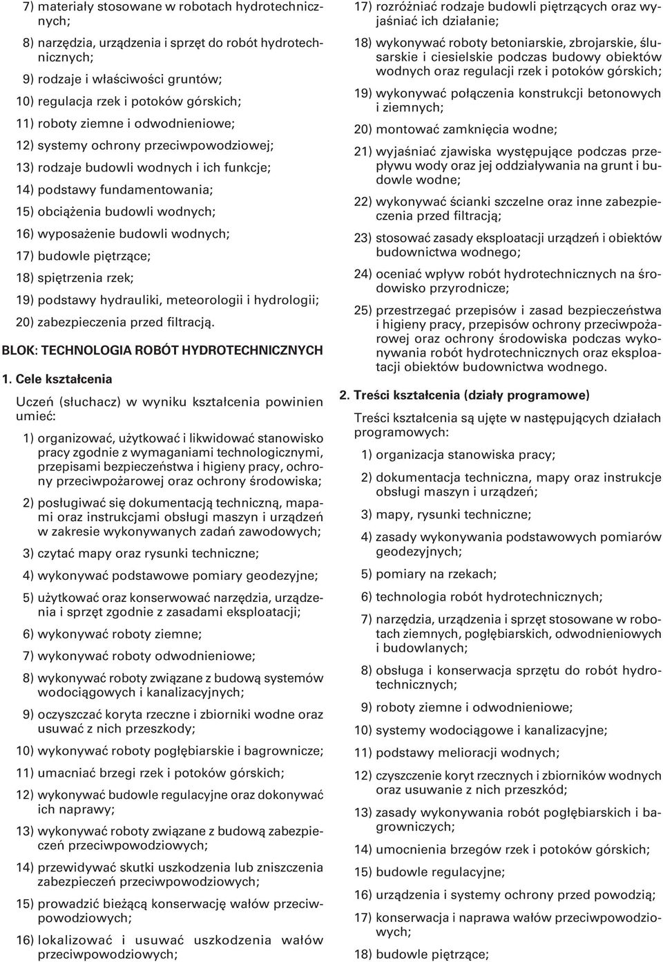 wodnych; 17) budowle piętrzące; 18) spiętrzenia rzek; 19) podstawy hydrauliki, meteorologii i hydrologii; 20) zabezpieczenia przed filtracją.