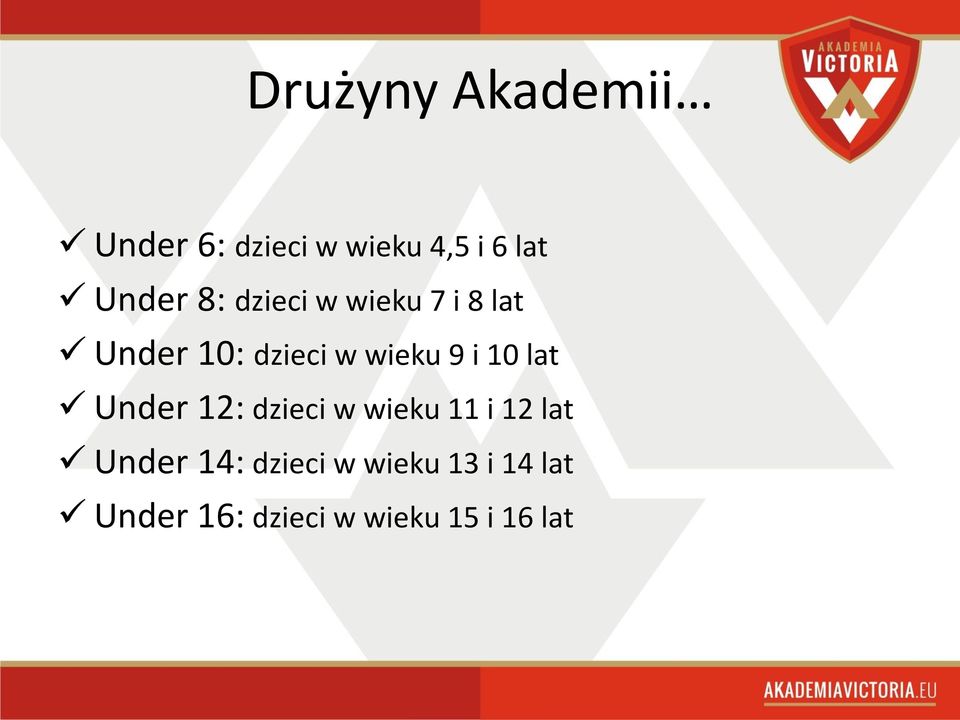 10 lat Under 12: dzieci w wieku 11 i 12 lat Under 14: