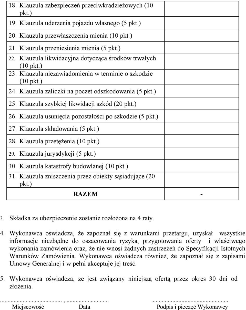 Klauzula szybkiej likwidacji szkód (20 pkt.) 26. Klauzula usunięcia pozostałości po szkodzie (5 pkt.) 27. Klauzula składowania (5 pkt.) 28. Klauzula przetężenia (10 pkt.) 29.