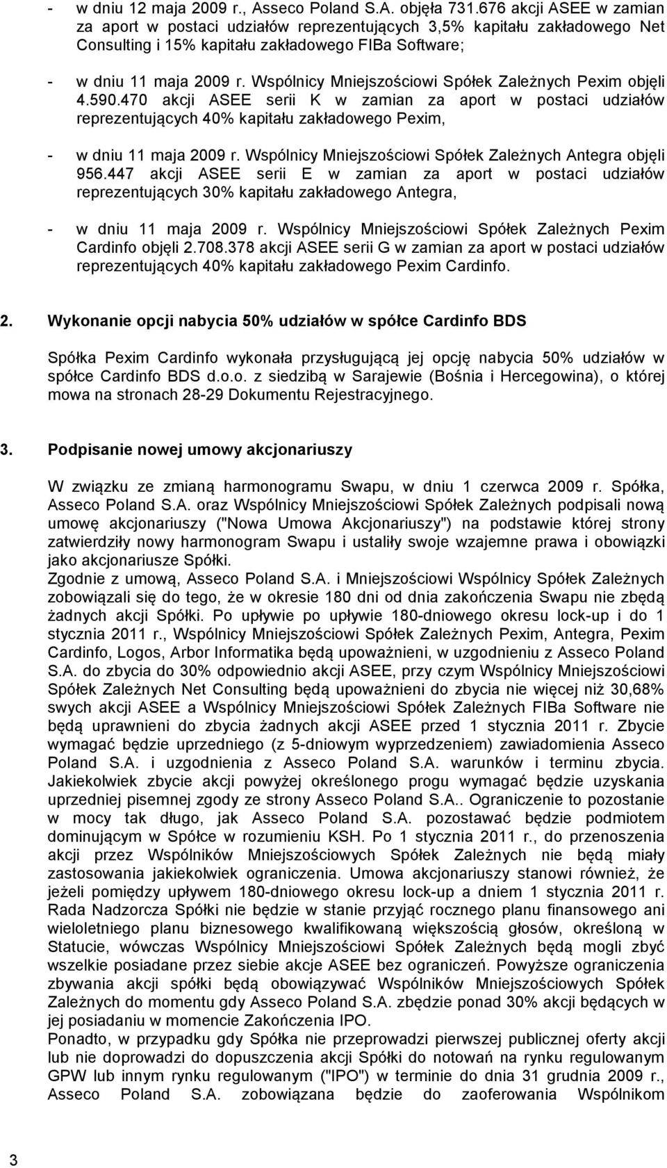 Wspólnicy Mniejszościowi Spółek Zależnych Pexim objęli 4.590.470 akcji ASEE serii K w zamian za aport w postaci udziałów reprezentujących 40% kapitału zakładowego Pexim, - w dniu 11 maja 2009 r.