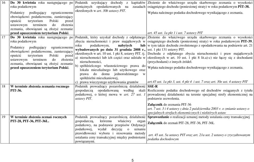 17 Do 30 kwietnia roku następującego po roku podatkowym Podatnicy podlegający ograniczonemu obowiązkowi podatkowemu, zamierzający opuścić terytorium Polski przed ustawowym terminem do złoŝenia  18 W