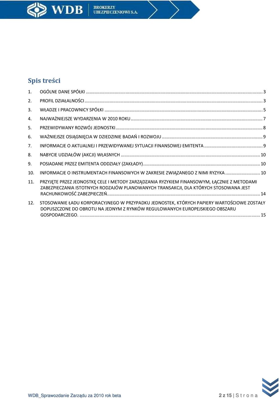 POSIADANE PRZEZ EMITENTA ODDZIAŁY (ZAKŁADY)... 10 10. INFORMACJE O INSTRUMENTACH FINANSOWYCH W ZAKRESIE ZWIĄZANEGO Z NIMI RYZYKA... 10 11.
