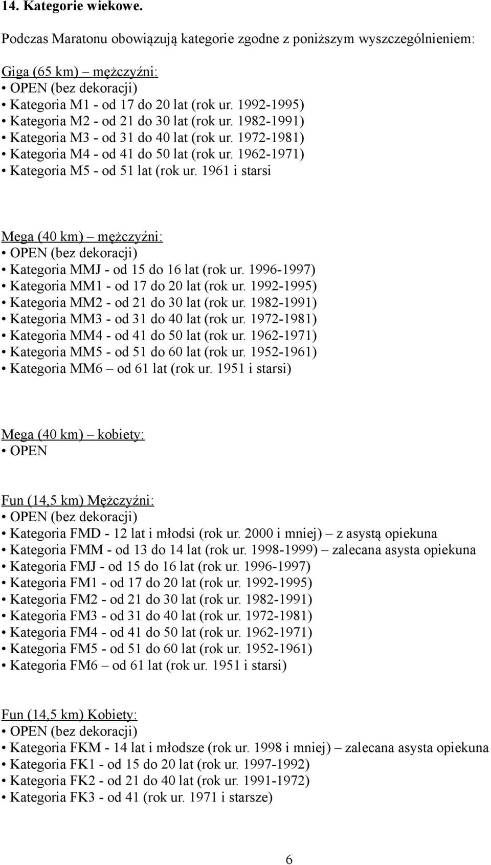 1961 i starsi Mega (40 km) mężczyźni: OPEN (bez dekoracji) Kategoria MMJ - od 15 do 16 lat (rok ur. 1996-1997) Kategoria MM1 - od 17 do 20 lat (rok ur.