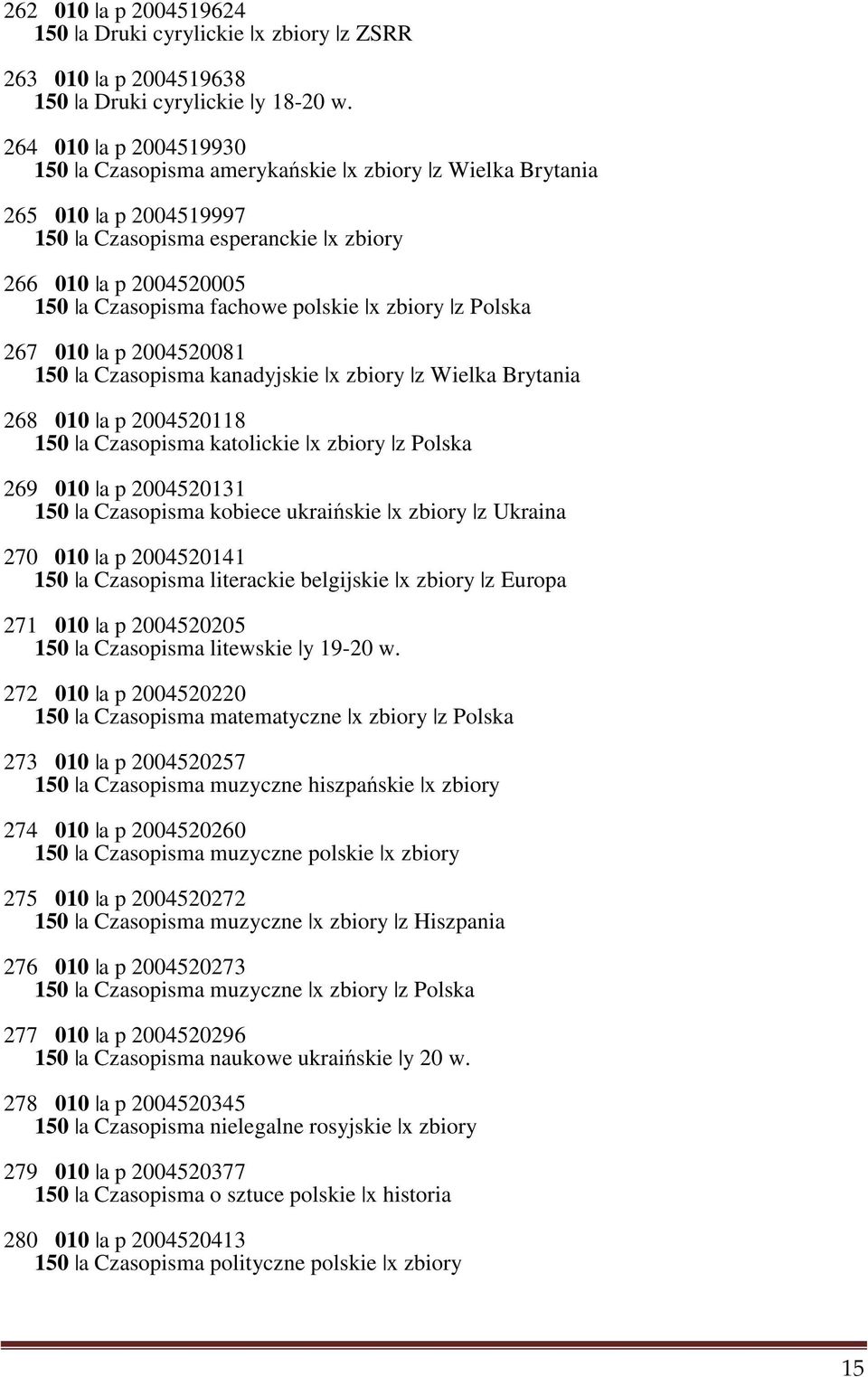 zbiory z Polska 267 010 a p 2004520081 150 a Czasopisma kanadyjskie x zbiory z Wielka Brytania 268 010 a p 2004520118 150 a Czasopisma katolickie x zbiory z Polska 269 010 a p 2004520131 150 a