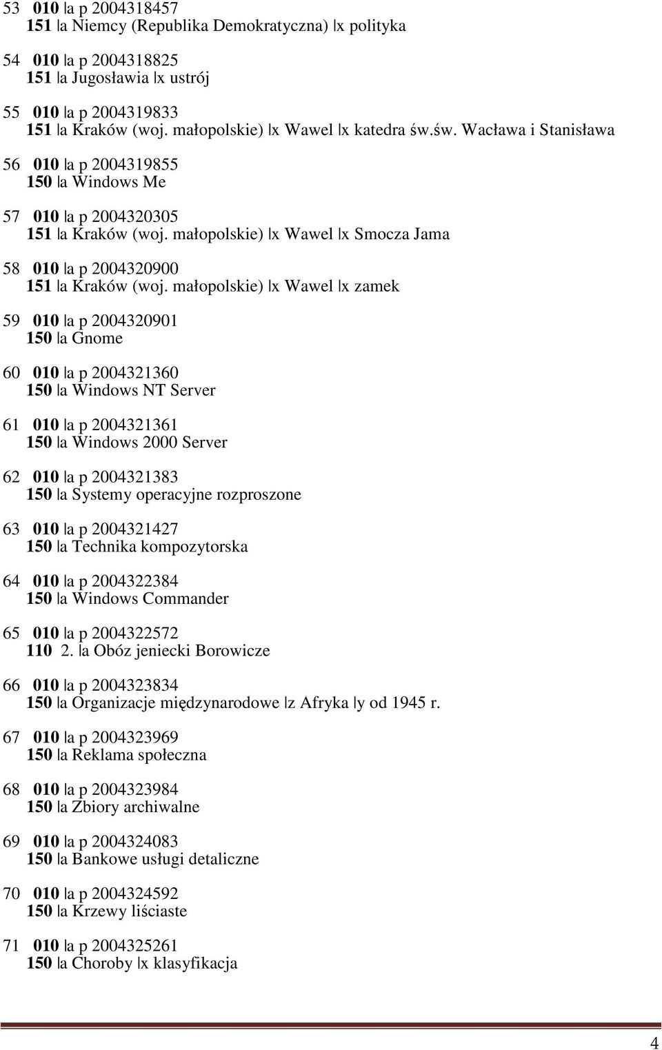 małopolskie) x Wawel x zamek 59 010 a p 2004320901 150 a Gnome 60 010 a p 2004321360 150 a Windows NT Server 61 010 a p 2004321361 150 a Windows 2000 Server 62 010 a p 2004321383 150 a Systemy