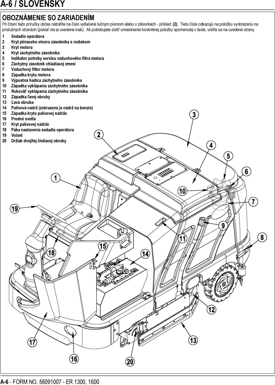 1 Sedadlo operátora 2 Kryt plniaceho otvoru zásobníka s roztokom 3 Kryt motora 4 Kryt záchytného zásobníka 5 Indikátor potreby servisu vzduchového filtra motora 6 Záchytný zásobník chladiacej zmesi 7