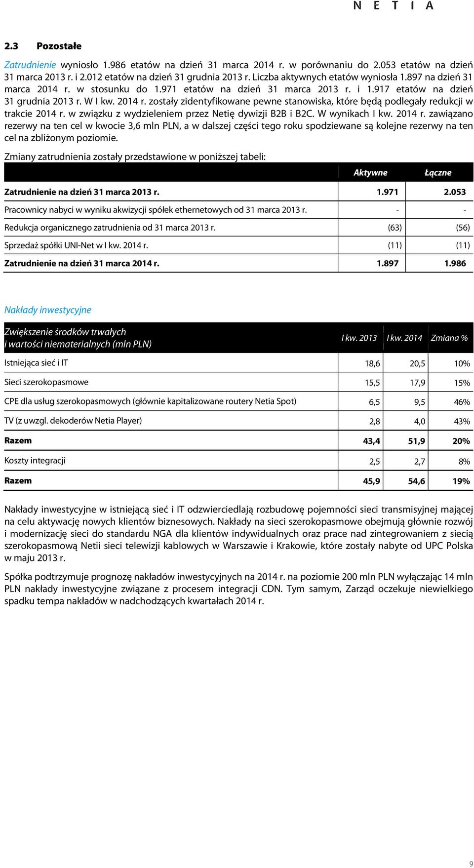 zostały zidentyfikowane pewne stanowiska, które będą podlegały redukcji w trakcie 2014 r. w związku z wydzieleniem przez Netię dywizji B2B i B2C. W wynikach 2014 r.