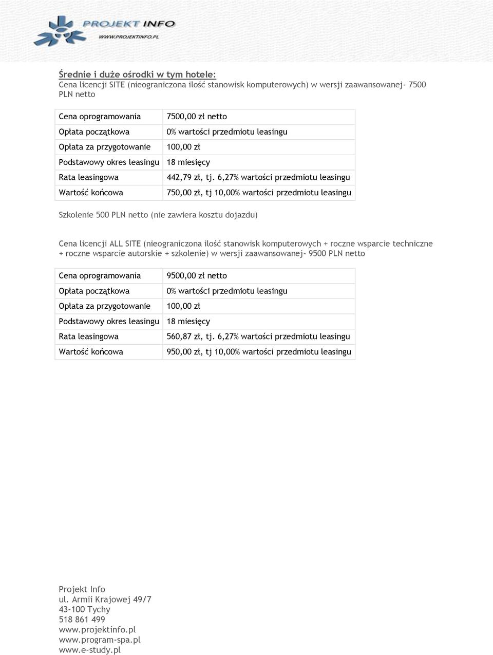 6,27% wartości przedmiotu leasingu 750,00 zł, tj 10,0 Cena licencji ALL SITE (nieograniczona ilość stanowisk komputerowych + roczne