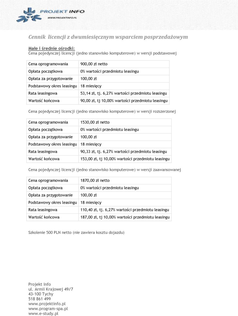 6,27% wartości przedmiotu leasingu 90,00 zł, tj 10,0 Cena pojedynczej licencji (jedno stanowisko komputerowe) w wersji rozszerzonej 1530,00 zł netto 90,33