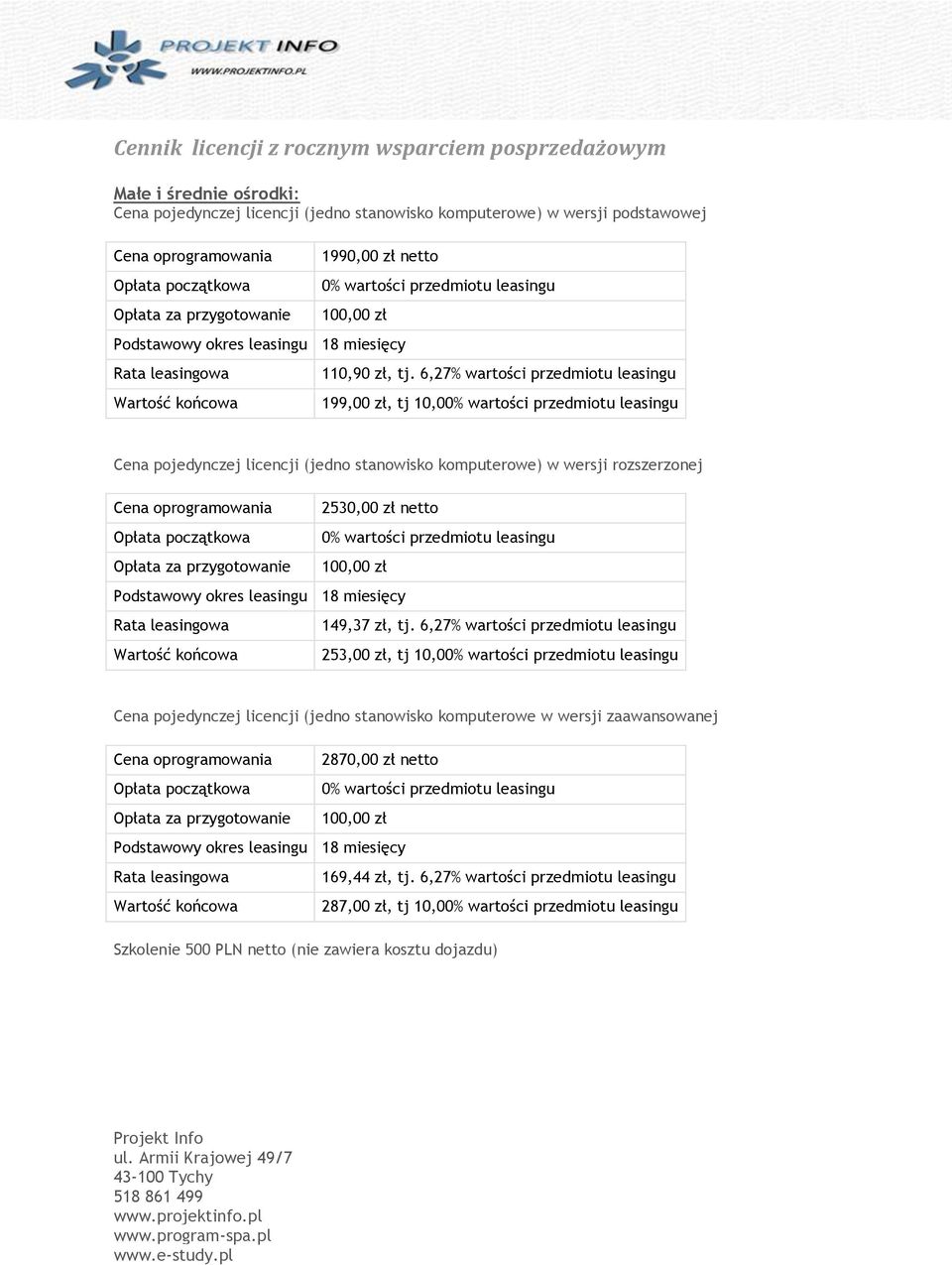 6,27% wartości przedmiotu leasingu 199,00 zł, tj 10,0 Cena pojedynczej licencji (jedno stanowisko komputerowe) w wersji rozszerzonej 2530,00 zł netto