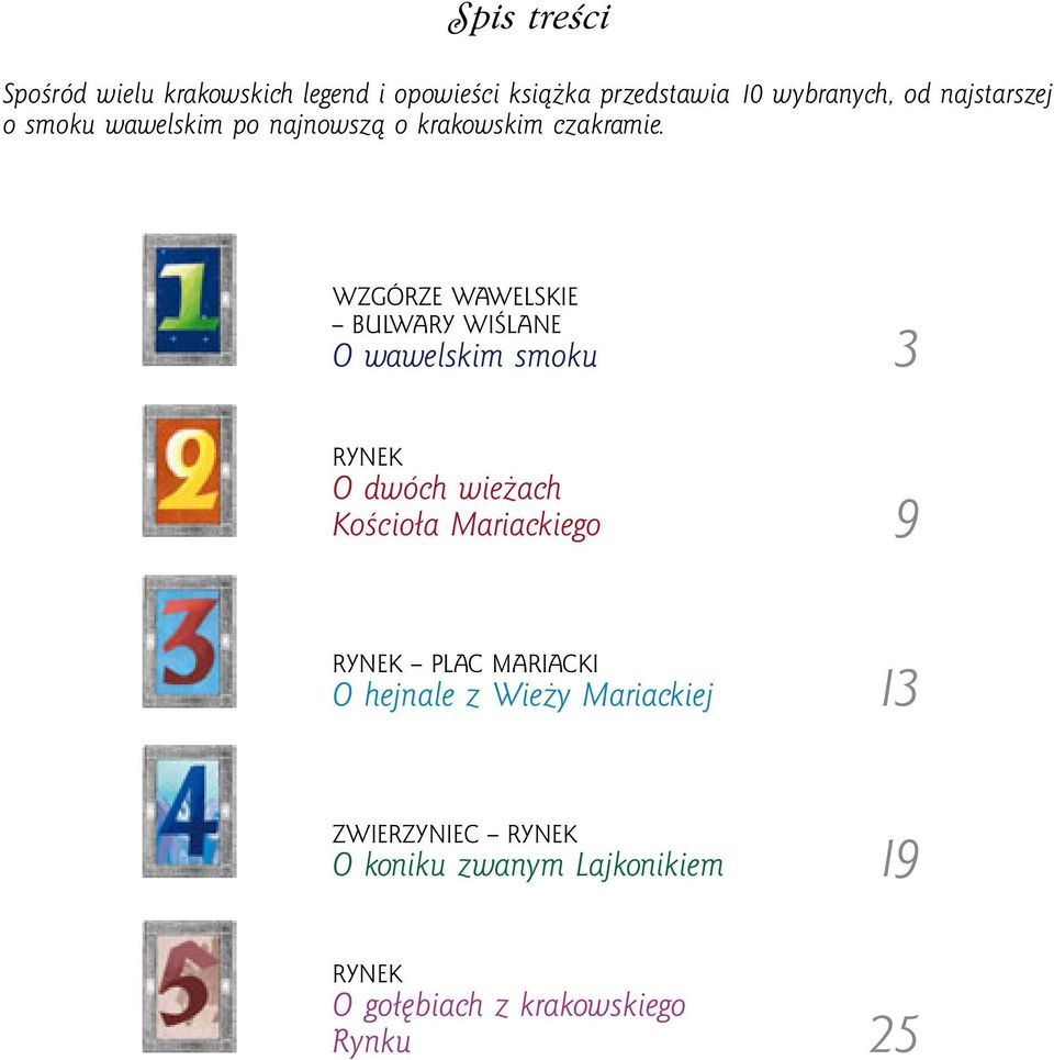 WZGÓRZE WAWELSKIE BULWARY WIŚLANE O wawelskim smoku 3 RYNEK O dwóch wieżach Kościoła Mariackiego 9