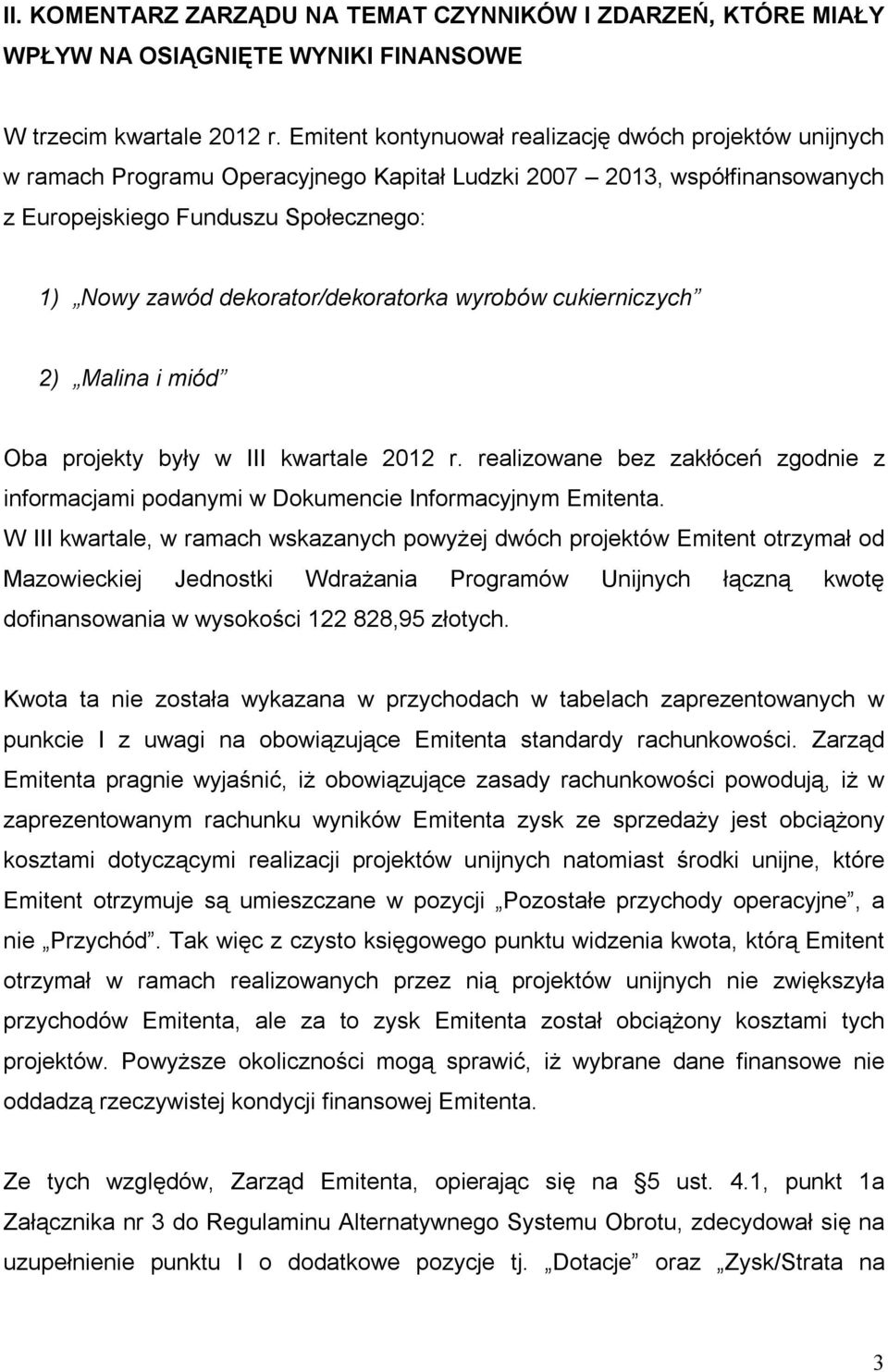 dekorator/dekoratorka wyrobów cukierniczych 2) Malina i miód Oba projekty były w III kwartale 2012 r. realizowane bez zakłóceń zgodnie z informacjami podanymi w Dokumencie Informacyjnym Emitenta.