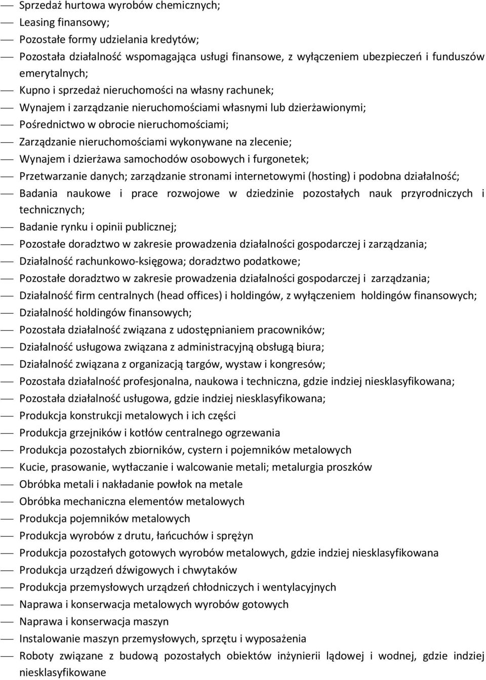 na zlecenie; Wynajem i dzierżawa samochodów osobowych i furgonetek; Przetwarzanie danych; zarządzanie stronami internetowymi (hosting) i podobna działalność; Badania naukowe i prace rozwojowe w