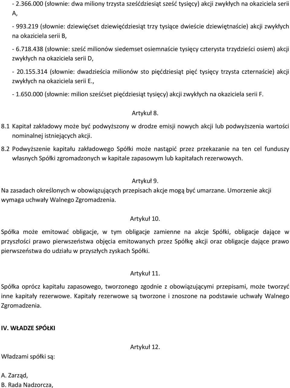 438 (słownie: sześć milionów siedemset osiemnaście tysięcy czterysta trzydzieści osiem) akcji zwykłych na okaziciela serii D, - 20.155.
