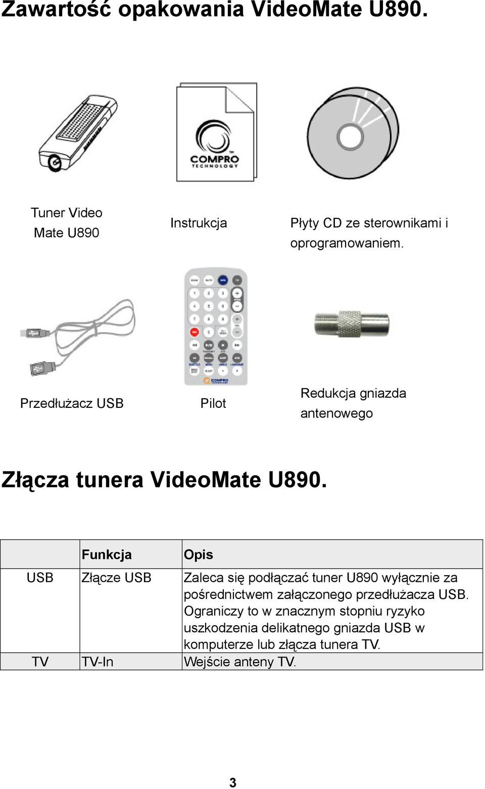 Funkcja Opis USB Złącze USB Zaleca się podłączać tuner U890 wyłącznie za pośrednictwem załączonego przedłużacza