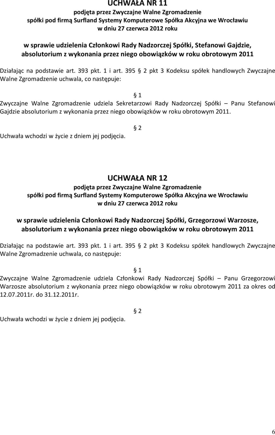 395 pkt 3 Kodeksu spółek handlowych Zwyczajne Walne Zgromadzenie uchwala, co następuje: Zwyczajne Walne Zgromadzenie udziela Sekretarzowi Rady Nadzorczej Spółki Panu Stefanowi Gajdzie absolutorium z