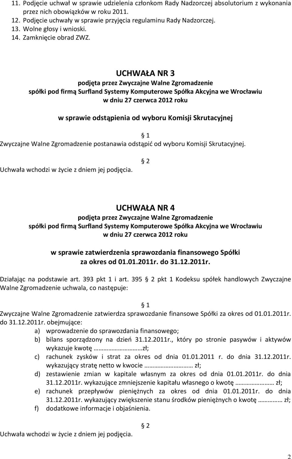 UCHWAŁA NR 4 w sprawie zatwierdzenia sprawozdania finansowego Spółki za okres od 01.01.2011r. do 31.12.2011r. Działając na podstawie art. 393 pkt 1 i art.