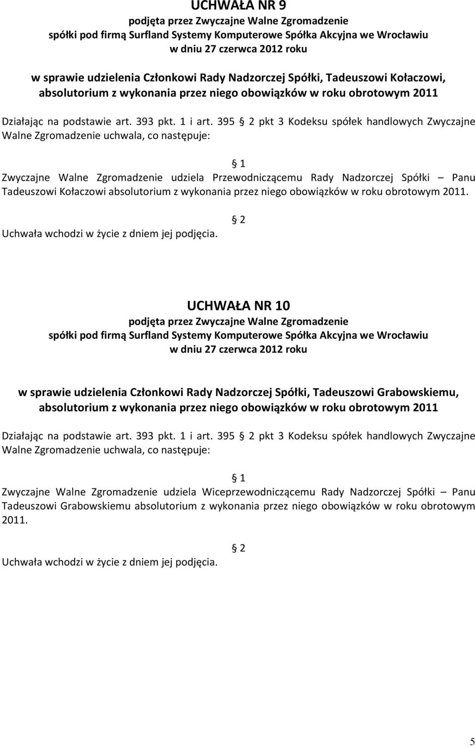 395 pkt 3 Kodeksu spółek handlowych Zwyczajne Walne Zgromadzenie uchwala, co następuje: Zwyczajne Walne Zgromadzenie udziela Przewodniczącemu Rady Nadzorczej Spółki Panu Tadeuszowi Kołaczowi