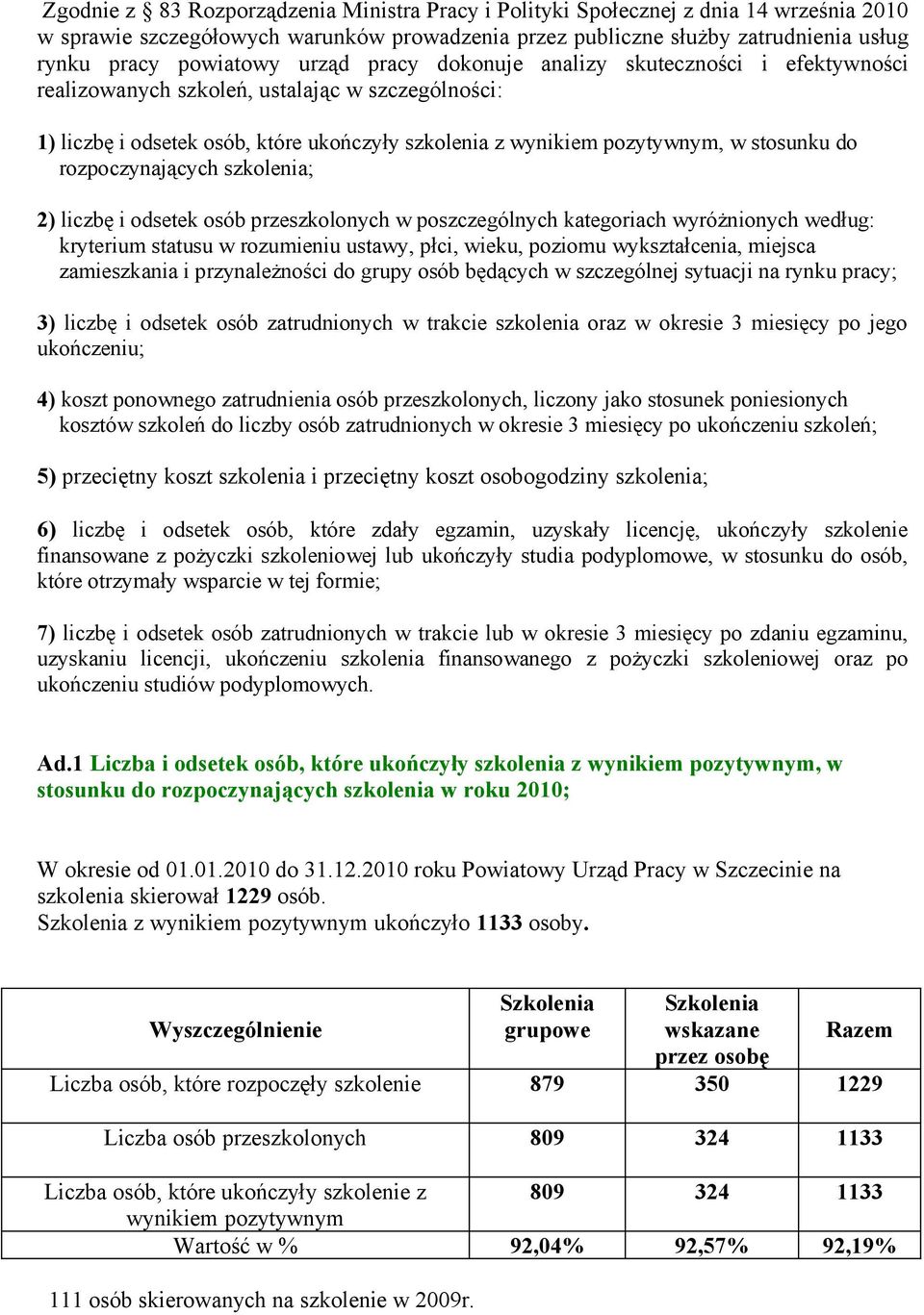 rozpoczynających szkolenia; 2) liczbę i odsetek osób przeszkolonych w poszczególnych kategoriach wyróżnionych według: kryterium statusu w rozumieniu ustawy, płci, wieku, poziomu wykształcenia,