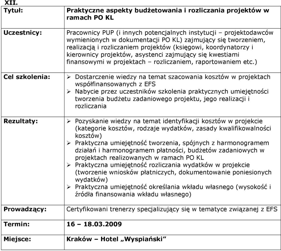 ) Dostarczenie wiedzy na temat szacowania kosztów w projektach współfinansowanych z EFS Nabycie przez uczestników szkolenia praktycznych umiejętności tworzenia budŝetu zadaniowego projektu, jego