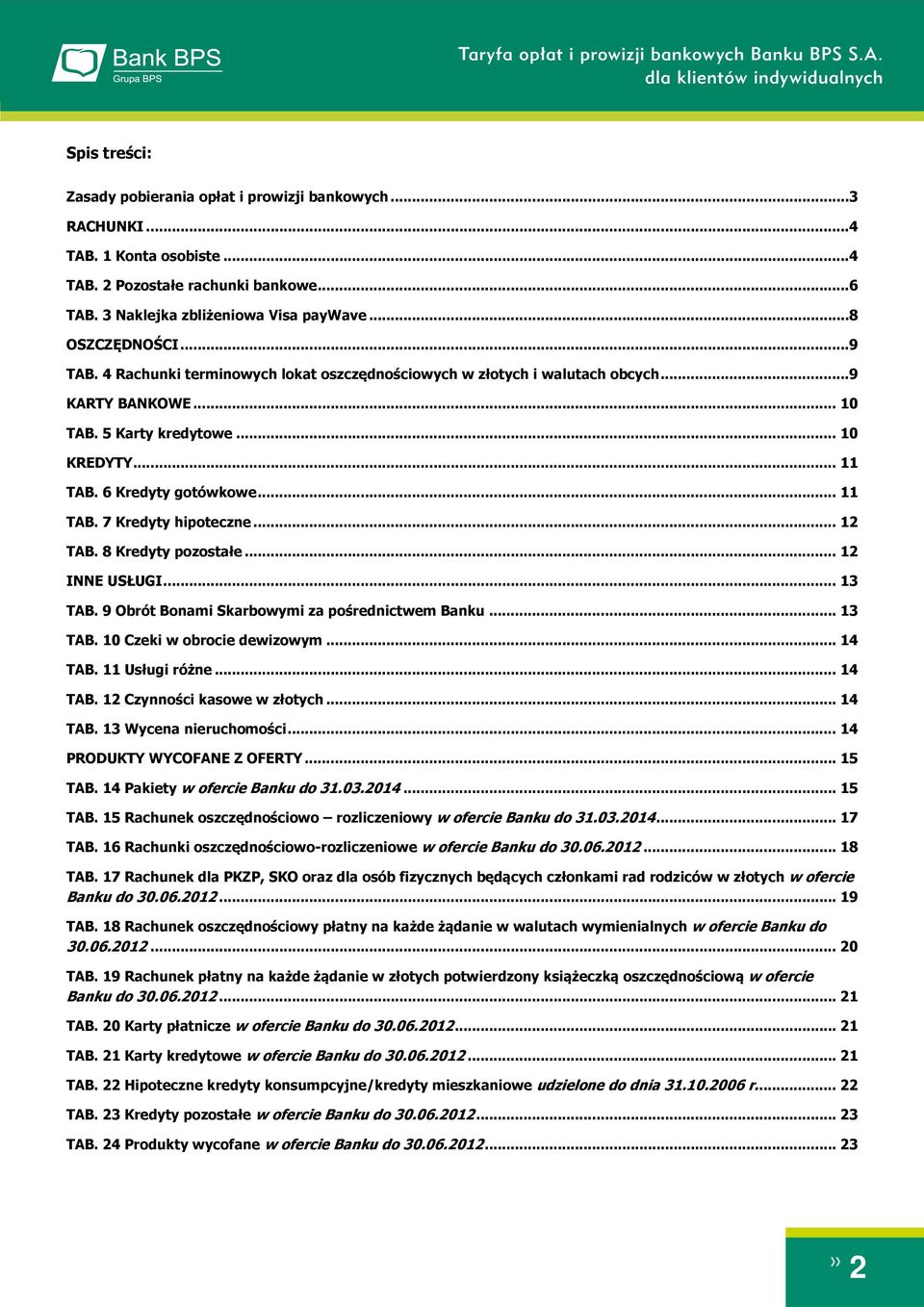 .. 12 TAB. 8 Kredyty pozostałe... 12 INNE USŁUGI... 13 TAB. 9 Obrót Bonami Skarbowymi za pośrednictwem Banku... 13 TAB. 10 Czeki w obrocie dewizowym... 14 TAB. 11 Usługi różne... 14 TAB. 12 Czynności kasowe w złotych.